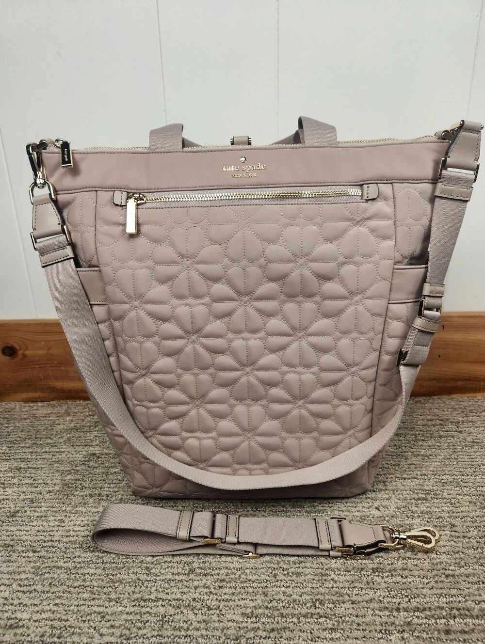 NEW* Kate Spade Convertible Backpack Tote Cozy Grey Quilted Flower Taupe Bag